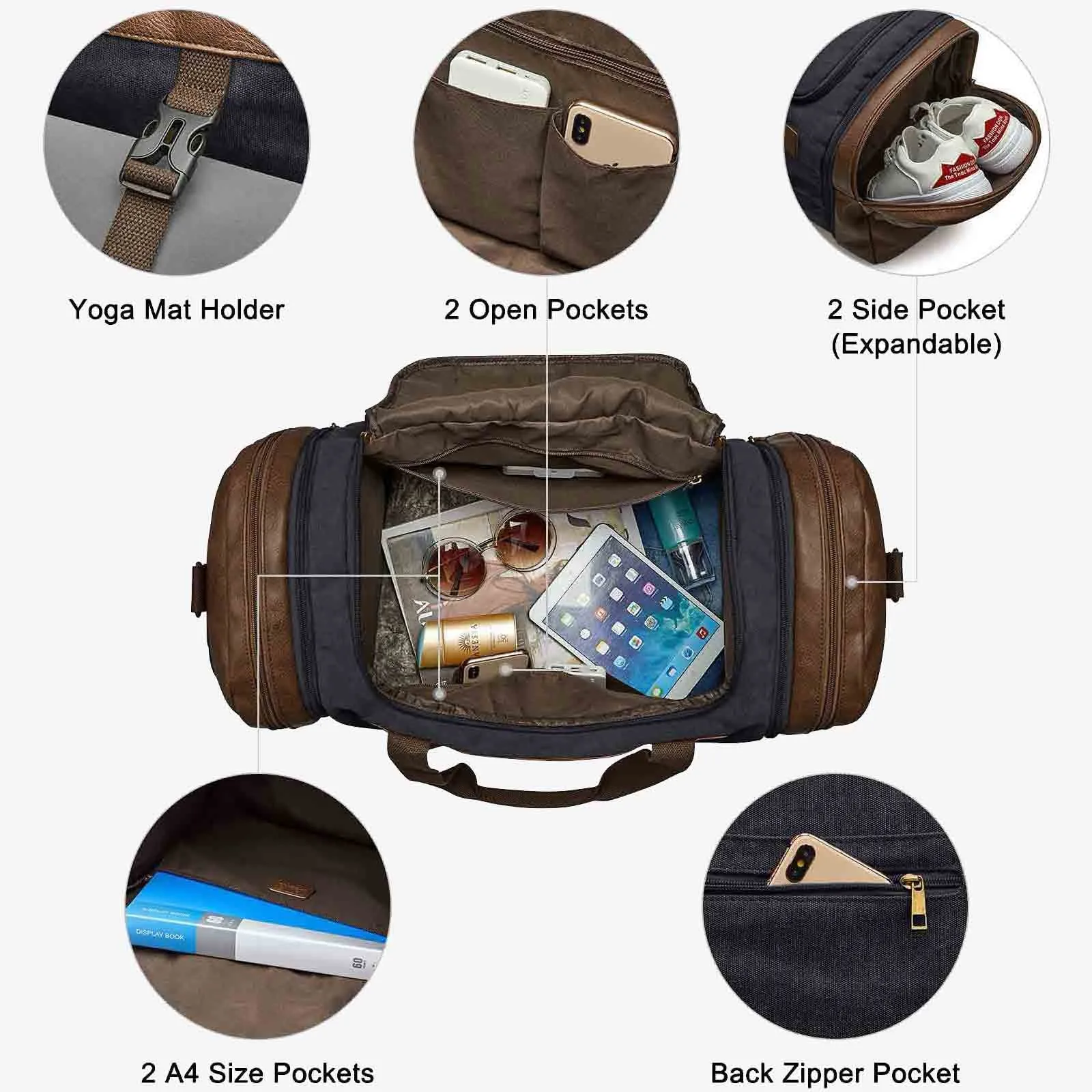 55L Canvas Duffel Bag Expansion Compartment