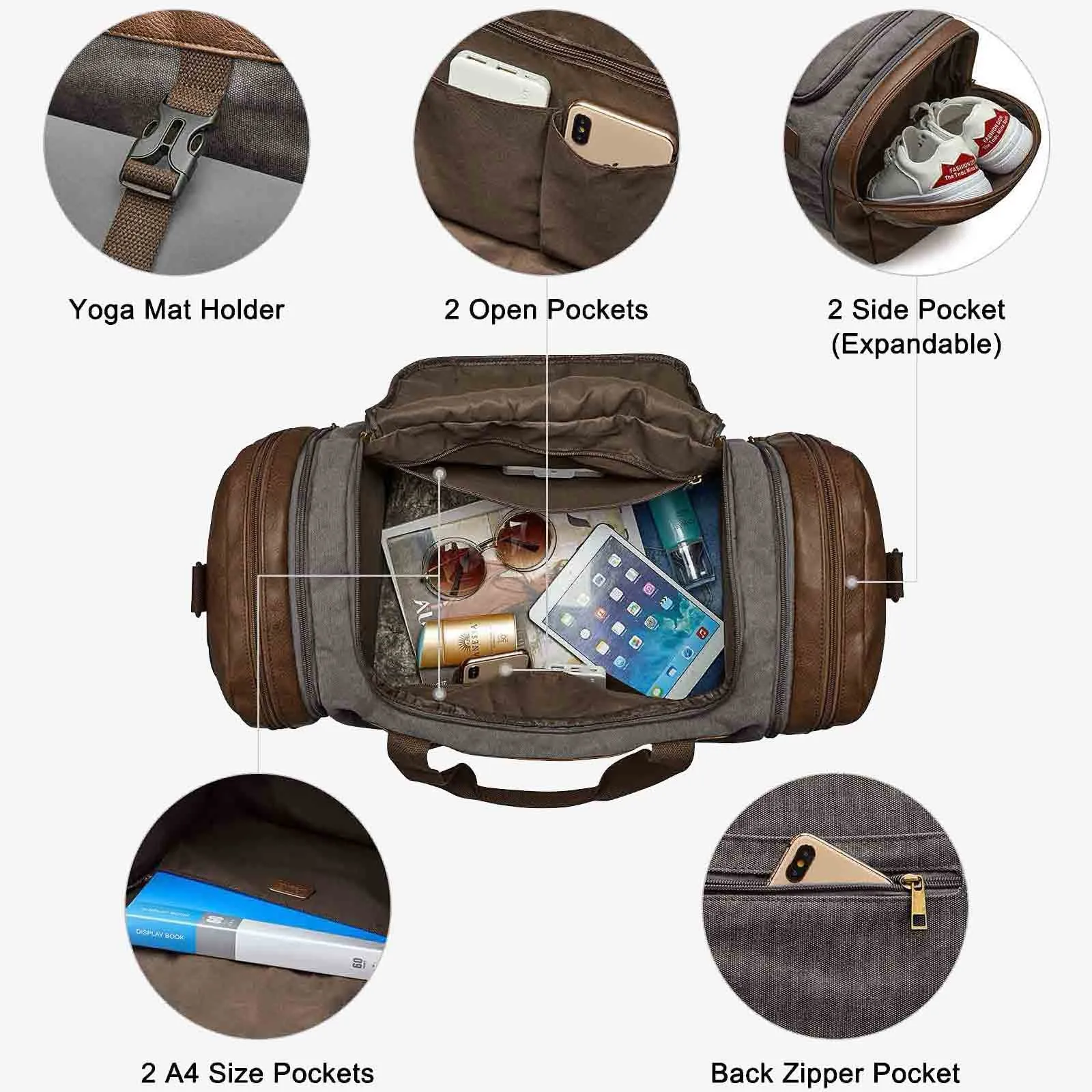 55L Canvas Duffel Bag Expansion Compartment
