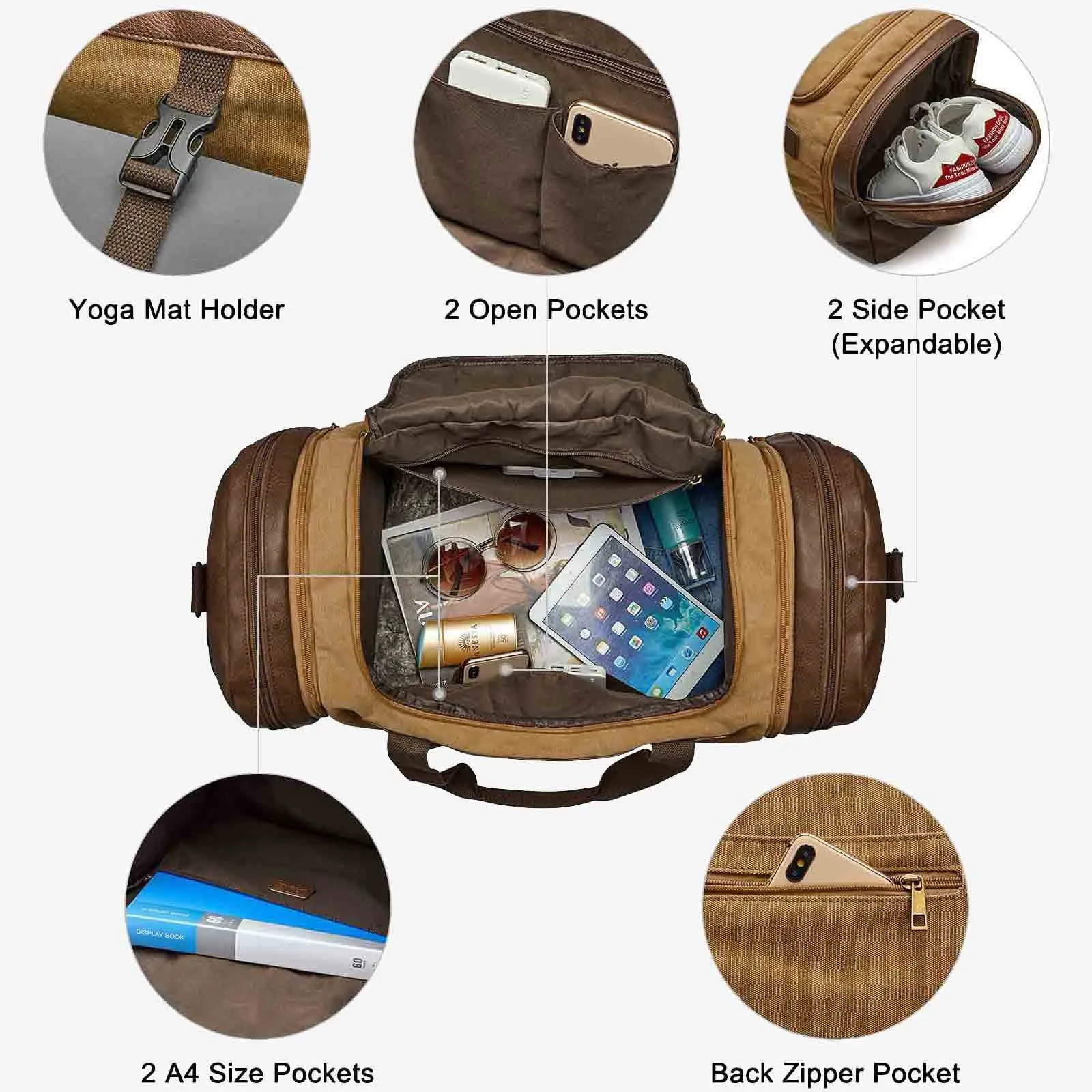 55L Canvas Duffel Bag Expansion Compartment