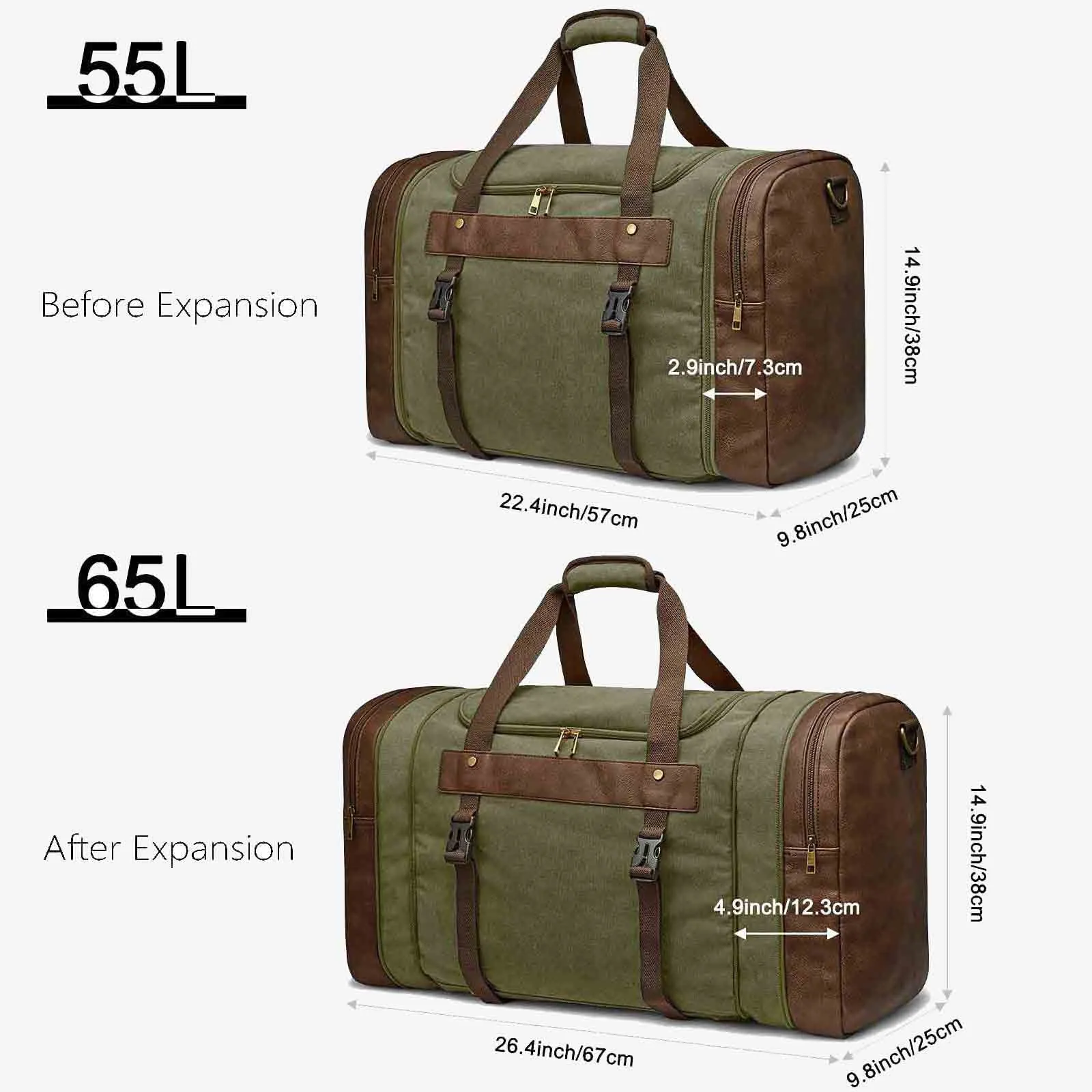 55L Canvas Duffel Bag Expansion Compartment