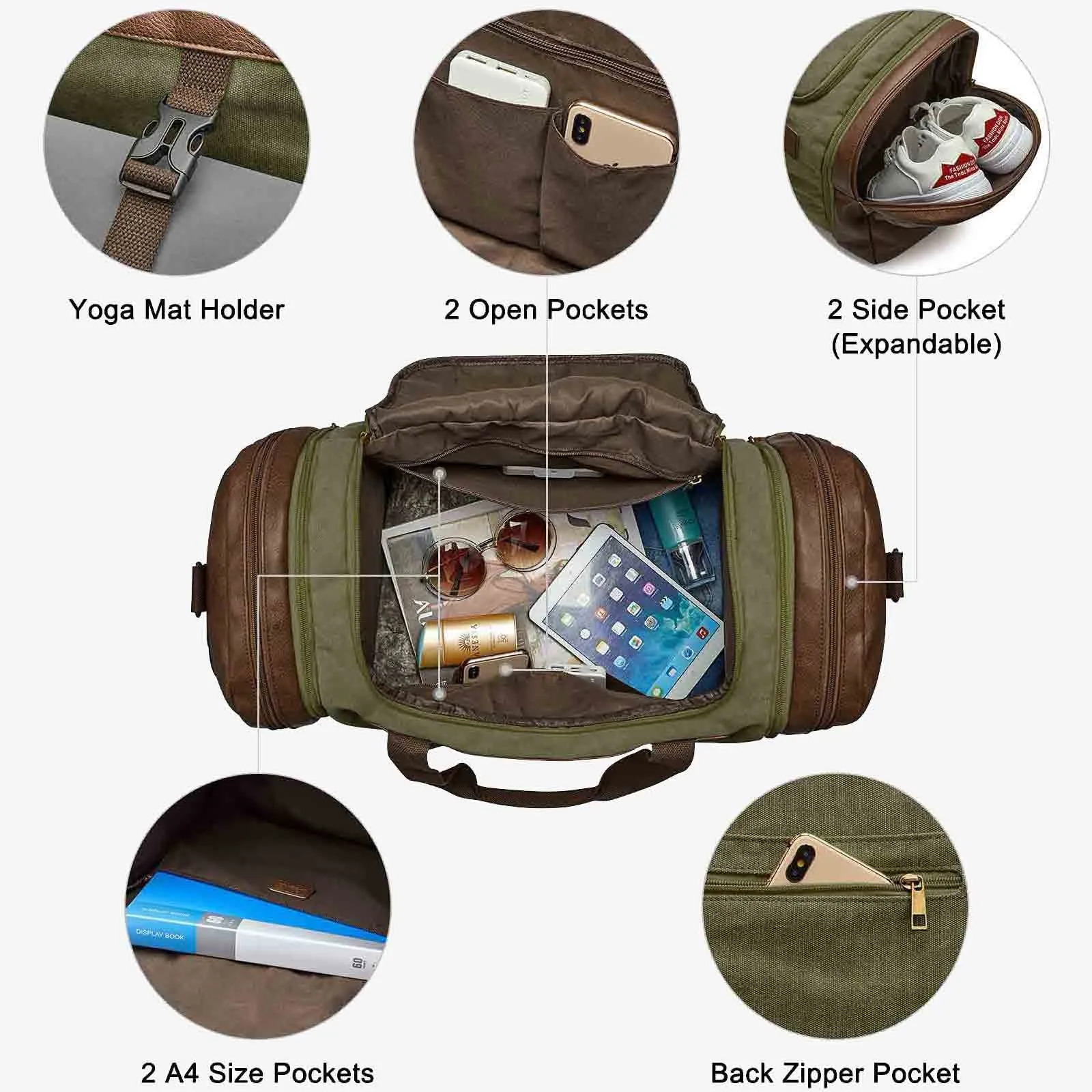 55L Canvas Duffel Bag Expansion Compartment