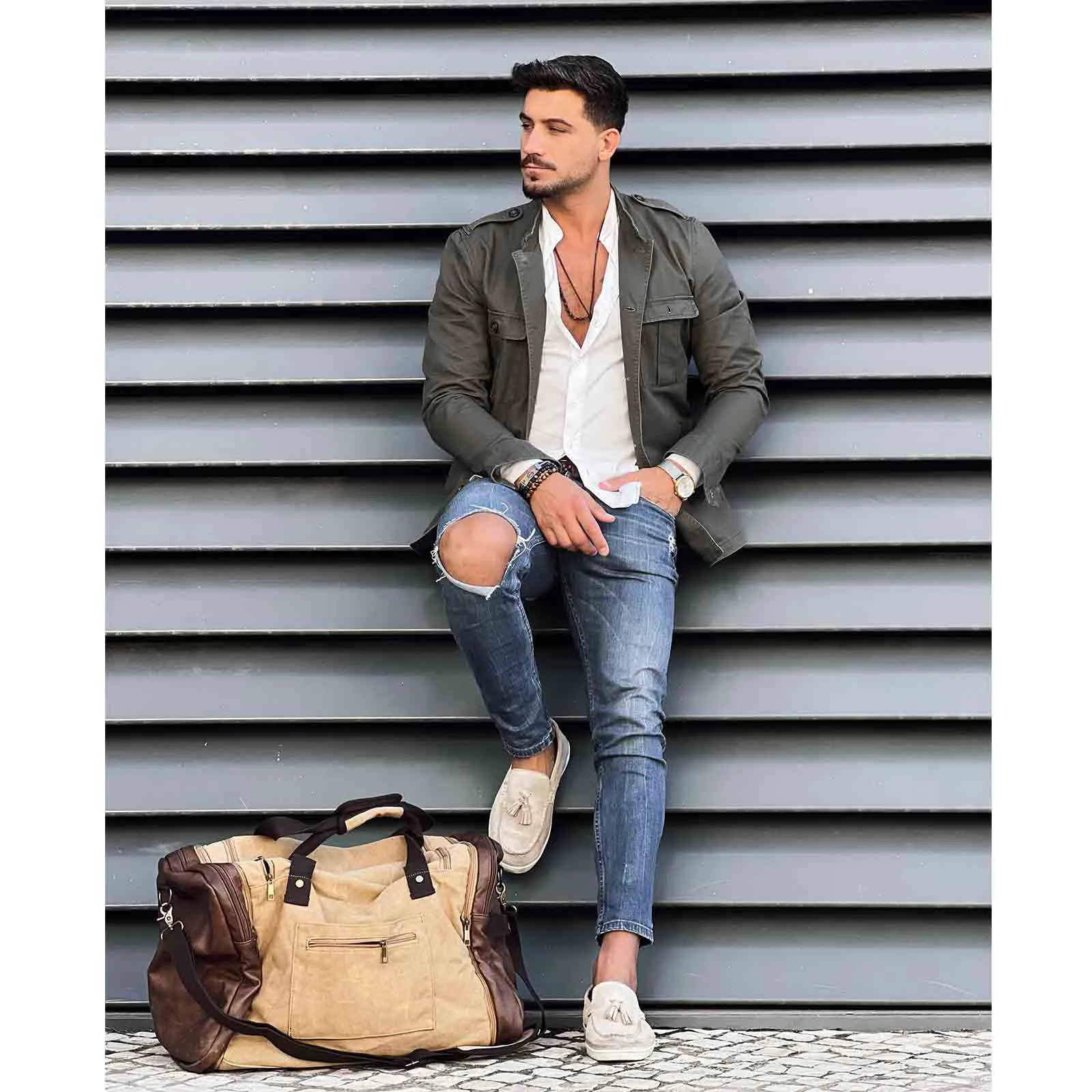 55L Canvas Duffel Bag Expansion Compartment
