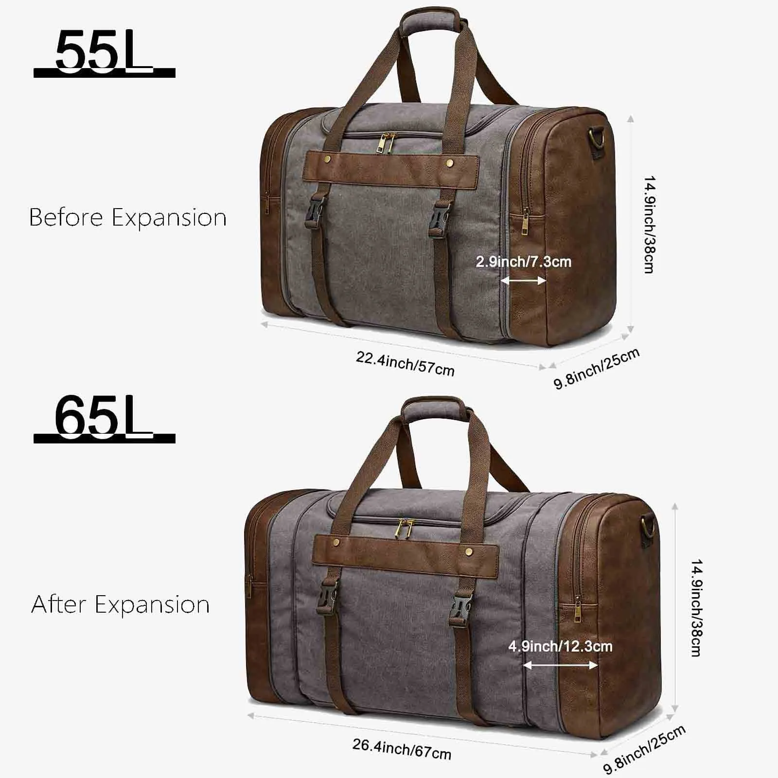 55L Canvas Duffel Bag Expansion Compartment