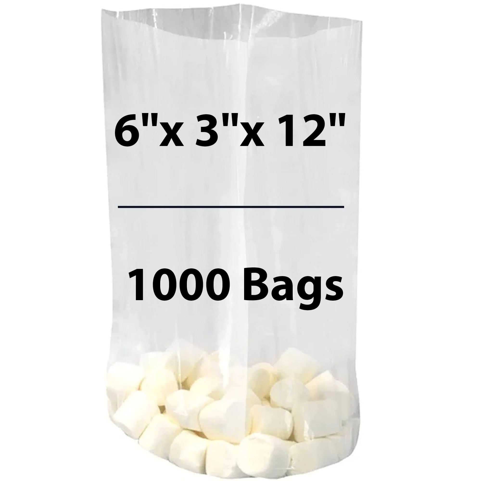 6X3X12 inches Gusseted Poly Bags Clear 1.25 Mil Low Density LDPE