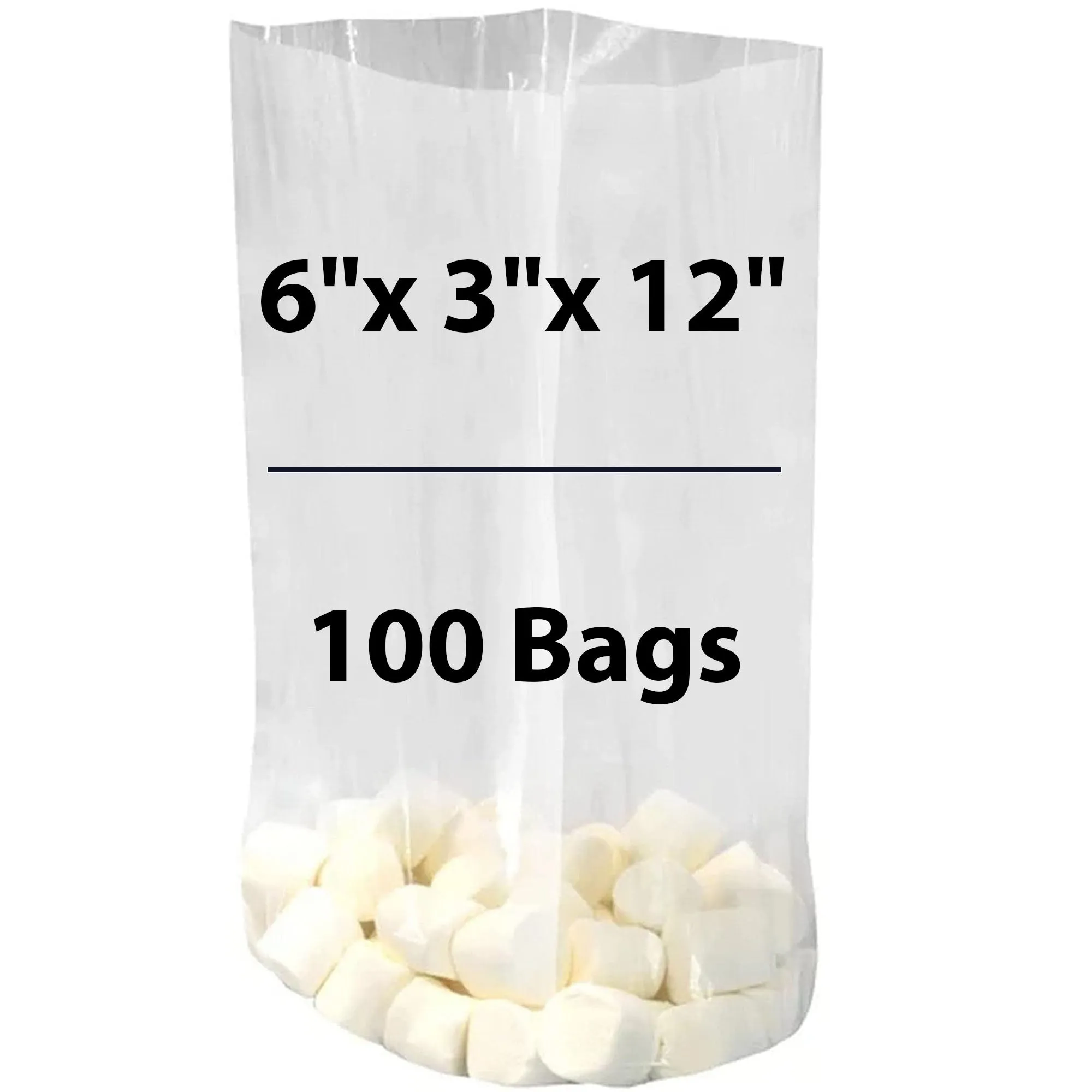 6X3X12 inches Gusseted Poly Bags Clear 1.25 Mil Low Density LDPE