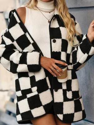 Adeleine Full Size Checkered Button Front Coat with Pockets