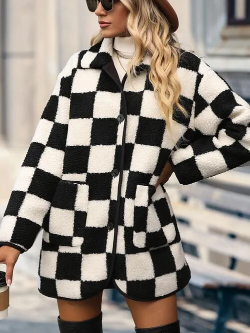 Adeleine Full Size Checkered Button Front Coat with Pockets