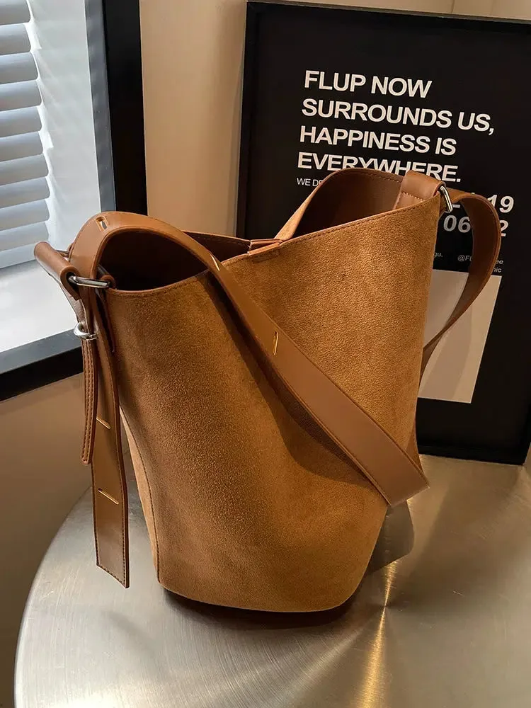 Adjustable Strap Suede Bucket Bag