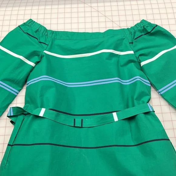 ANN TAYLOR Green Stripe Off The Shoulder 3/4 SLV Cotton Belted Shift Dress SZ 4