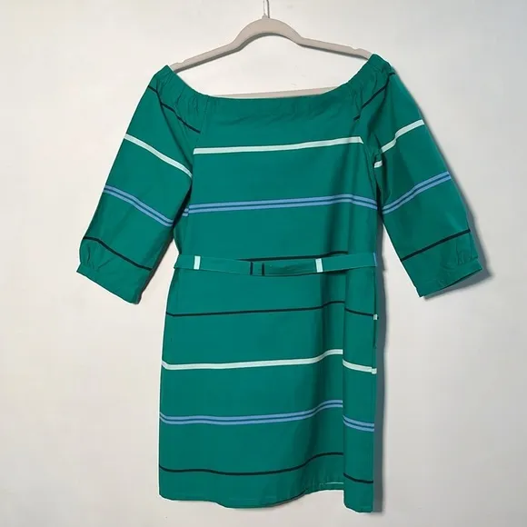 ANN TAYLOR Green Stripe Off The Shoulder 3/4 SLV Cotton Belted Shift Dress SZ 4