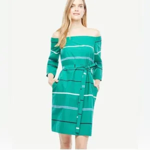 ANN TAYLOR Green Stripe Off The Shoulder 3/4 SLV Cotton Belted Shift Dress SZ 4