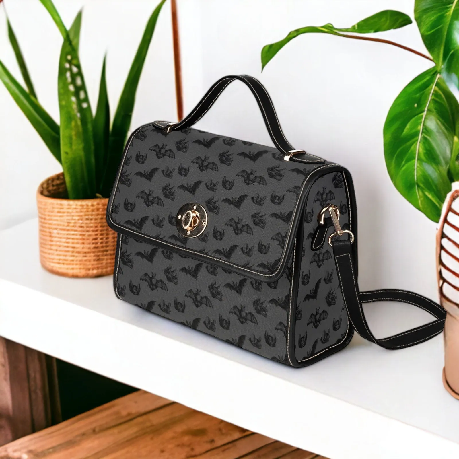 Bat Gothic Purse, Canvas Satchel bag, Vegan Hand Bag Goth Bag, Halloween Costume Adult Cosplay, Cute Black Witch women cross body purse