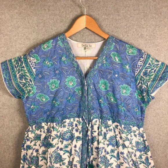 Bella Tu Cap Sleeve Mixed Floral Print Blue Dress Tassels Size 3XL