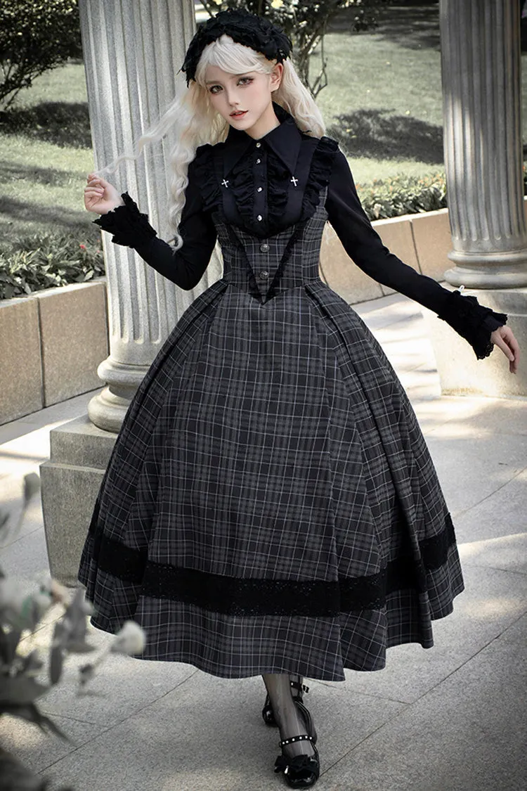 Black Chest Support Plaid Print Ruffle Gothic Lolita Dress