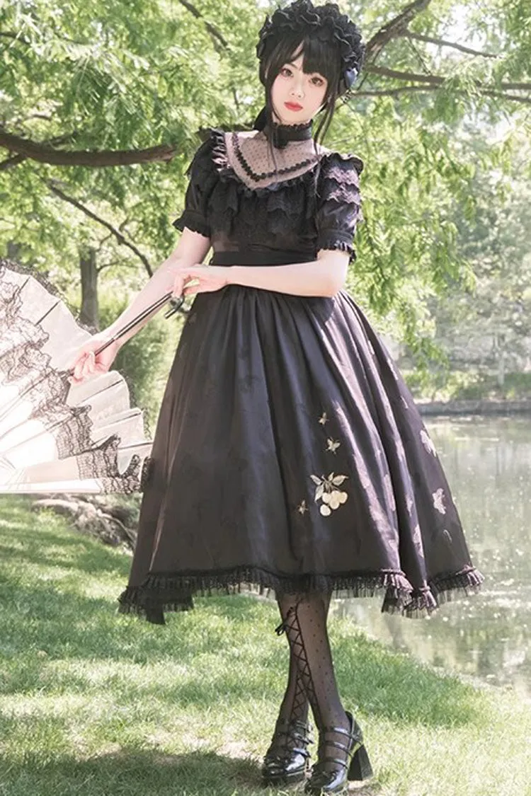 Black Daisy Print Cherry Embroidery Edwardian Collar Short Sleeves Gothic Lolita Dress