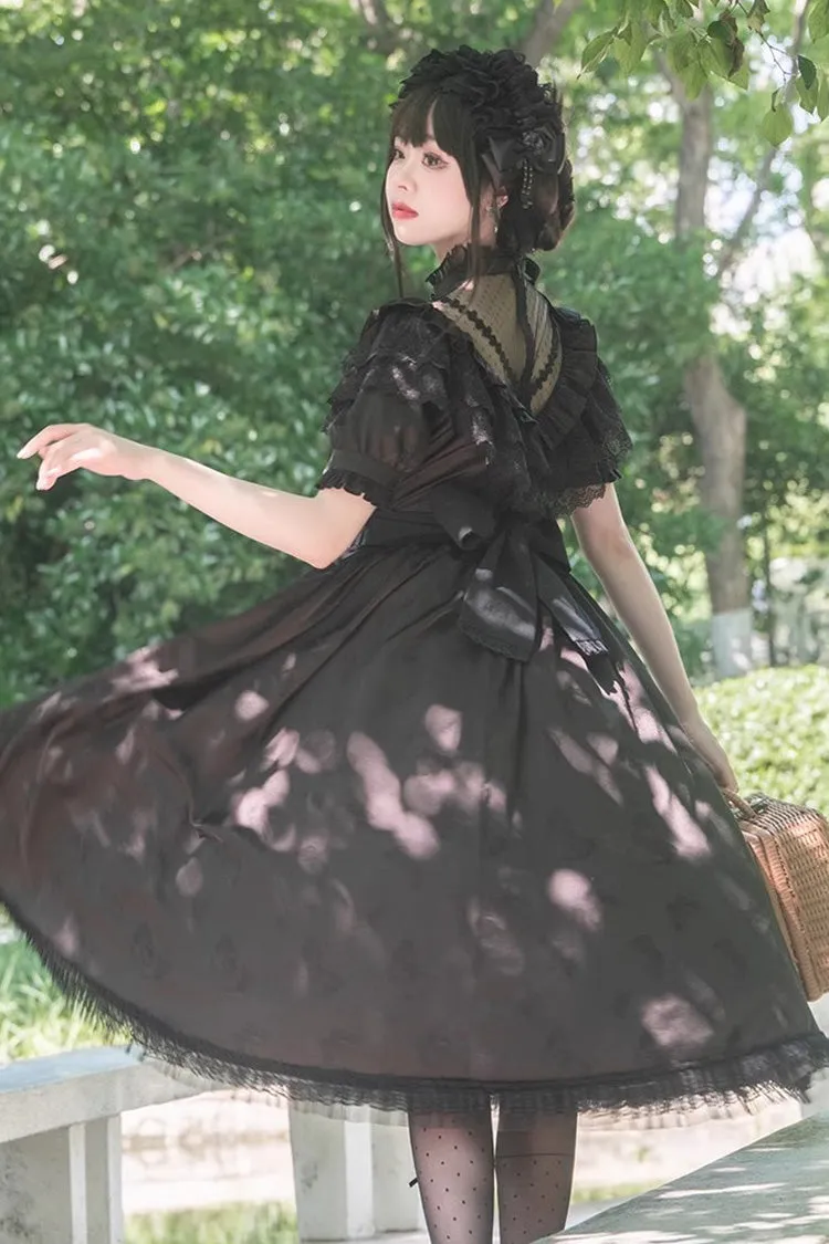 Black Daisy Print Cherry Embroidery Edwardian Collar Short Sleeves Gothic Lolita Dress