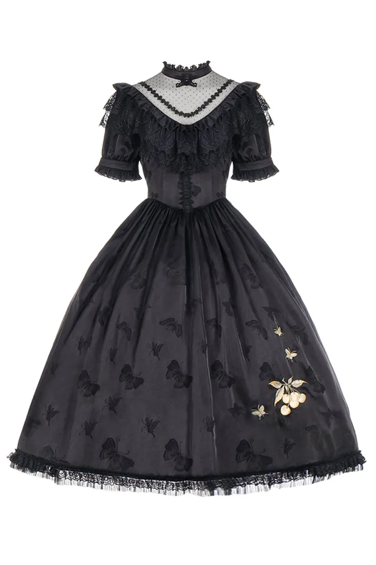 Black Daisy Print Cherry Embroidery Edwardian Collar Short Sleeves Gothic Lolita Dress