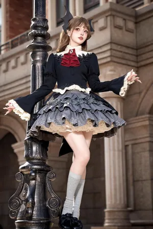 Black [Eternal Night Feast] Multi-Layered Ruffle Lace Gothic Princess Lolita Top and Skirt Set