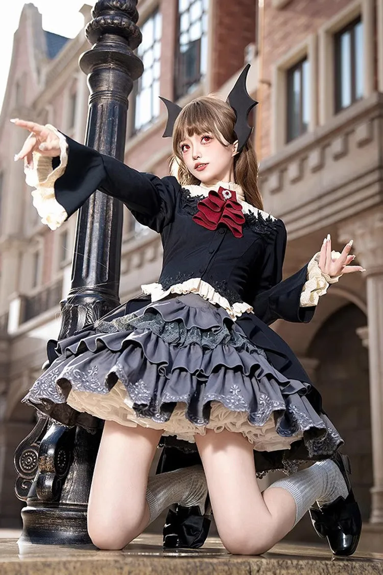 Black [Eternal Night Feast] Multi-Layered Ruffle Lace Gothic Princess Lolita Top and Skirt Set