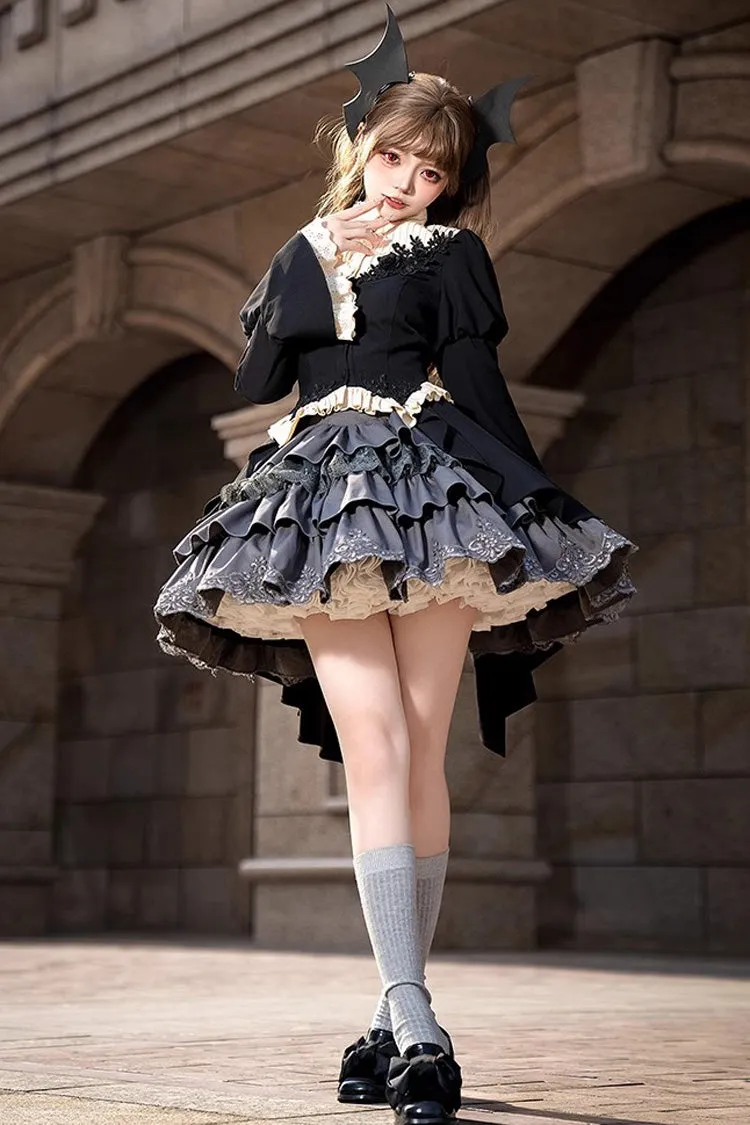 Black [Eternal Night Feast] Multi-Layered Ruffle Lace Gothic Princess Lolita Top and Skirt Set