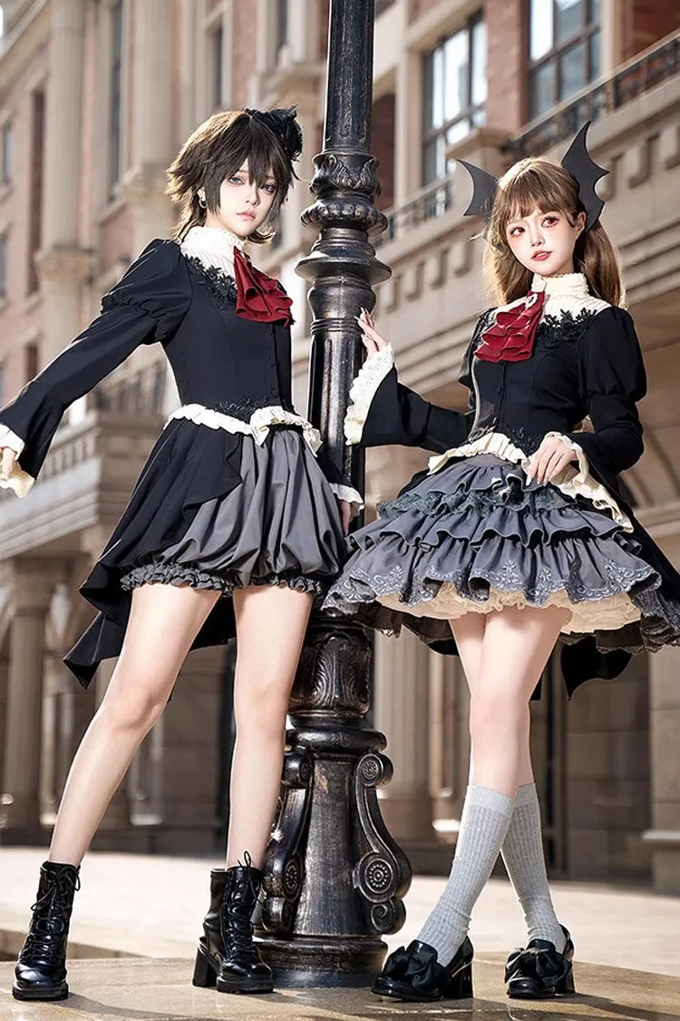Black [Eternal Night Feast] Multi-Layered Ruffle Lace Gothic Princess Lolita Top and Skirt Set