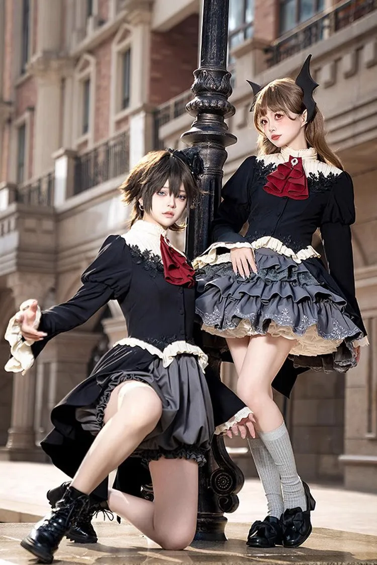 Black [Eternal Night Feast] Multi-Layered Ruffle Lace Gothic Princess Lolita Top and Skirt Set