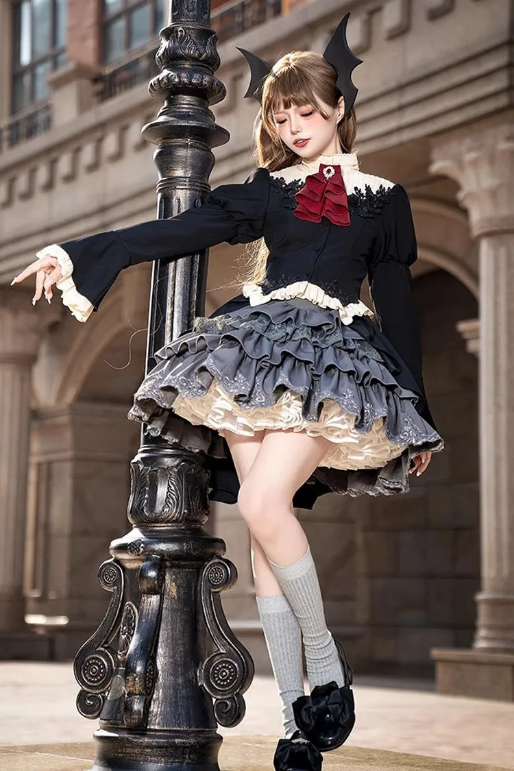 Black [Eternal Night Feast] Multi-Layered Ruffle Lace Gothic Princess Lolita Top and Skirt Set
