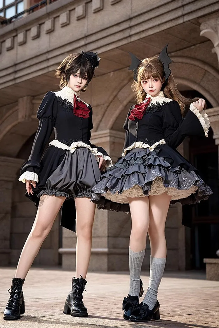 Black [Eternal Night Feast] Multi-Layered Ruffle Lace Gothic Princess Lolita Top and Skirt Set