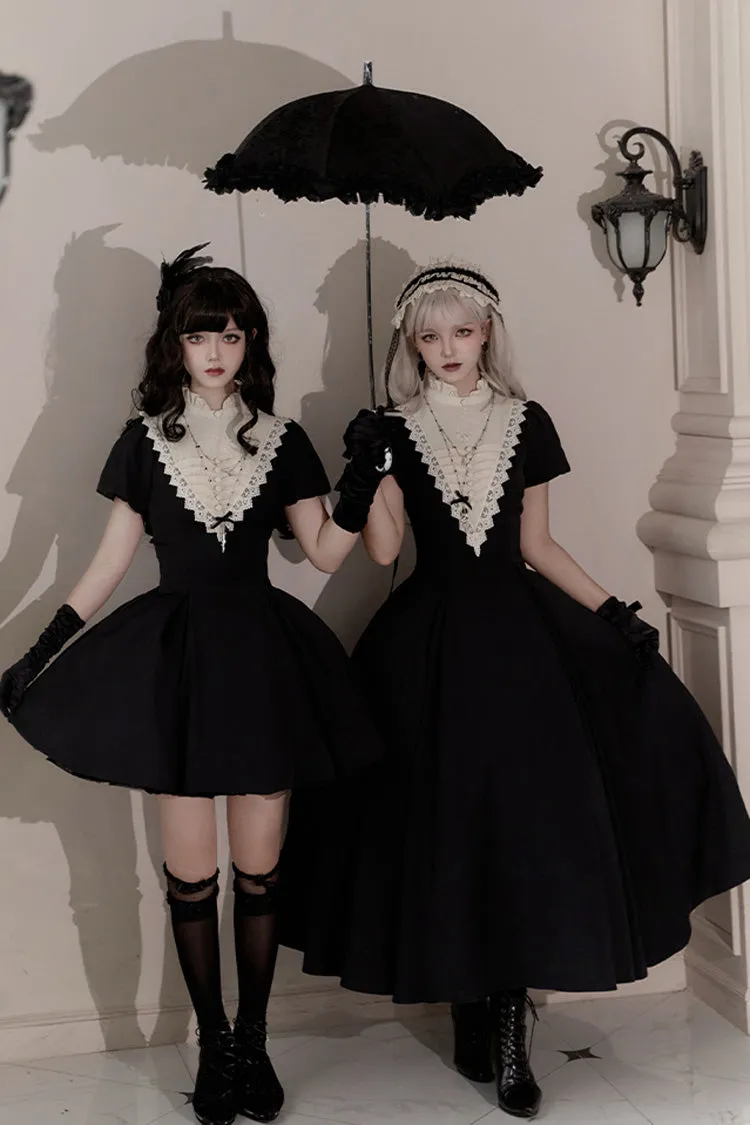 Black [Letters and Poems·Nocturne] Nun Long Sleeves Ruffle Gothic Lolita Short Dress
