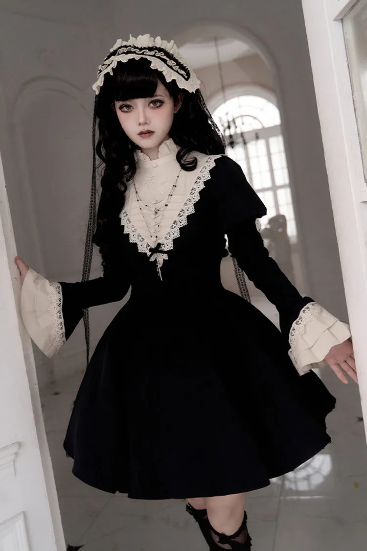 Black [Letters and Poems·Nocturne] Nun Long Sleeves Ruffle Gothic Lolita Short Dress