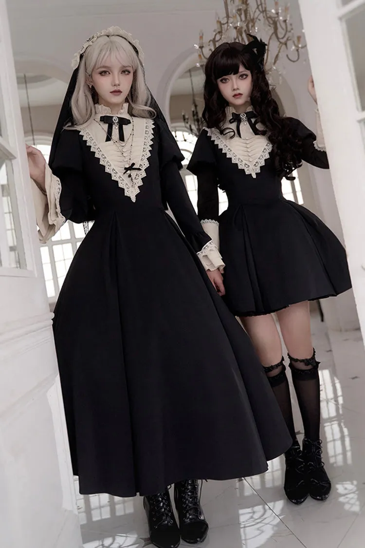 Black [Letters and Poems·Nocturne] Nun Long Sleeves Ruffle Gothic Lolita Short Dress