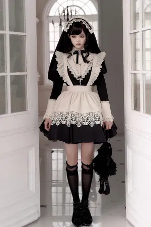 Black [Letters and Poems·Nocturne] Nun Long Sleeves Ruffle Gothic Lolita Short Dress