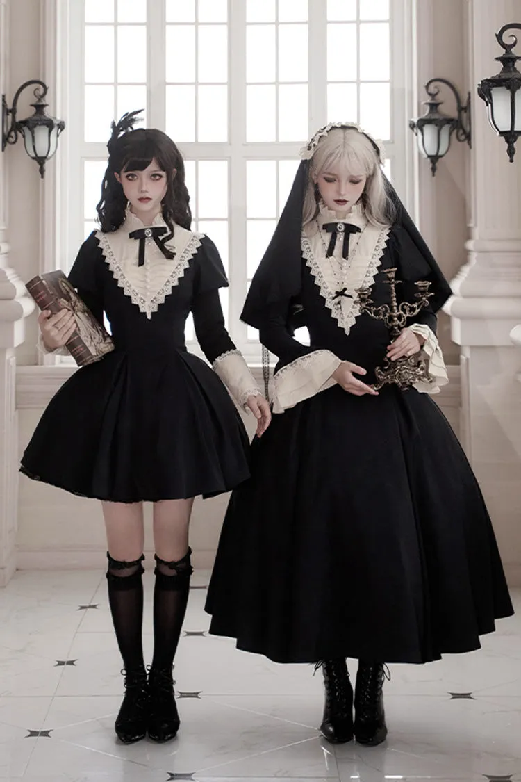 Black [Letters and Poems·Nocturne] Nun Long Sleeves Ruffle Gothic Lolita Short Dress