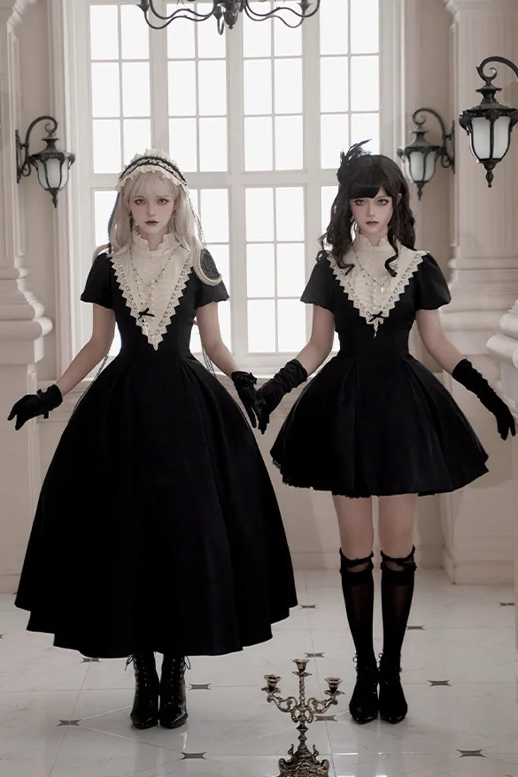Black [Letters and Poems·Nocturne] Nun Long Sleeves Ruffle Gothic Lolita Short Dress