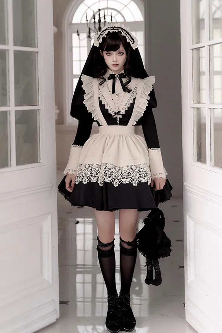 Black [Letters and Poems·Nocturne] Nun Long Sleeves Ruffle Gothic Lolita Short Dress
