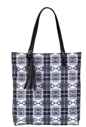 Black Snaffle Bit Plaid Tote Bag