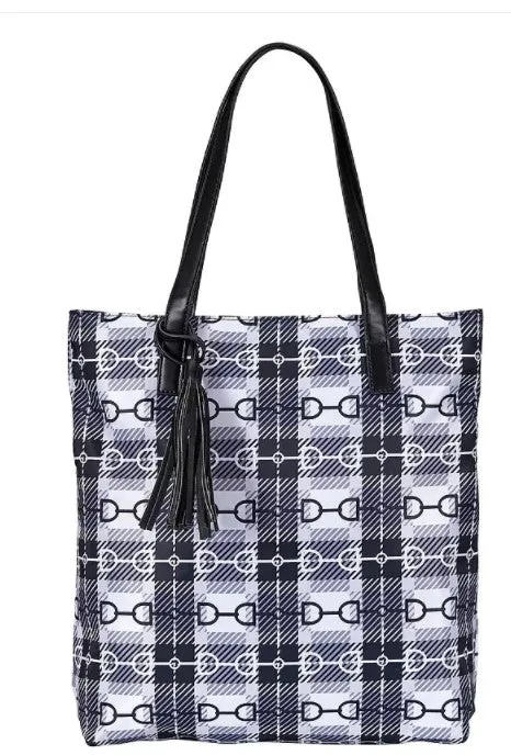 Black Snaffle Bit Plaid Tote Bag