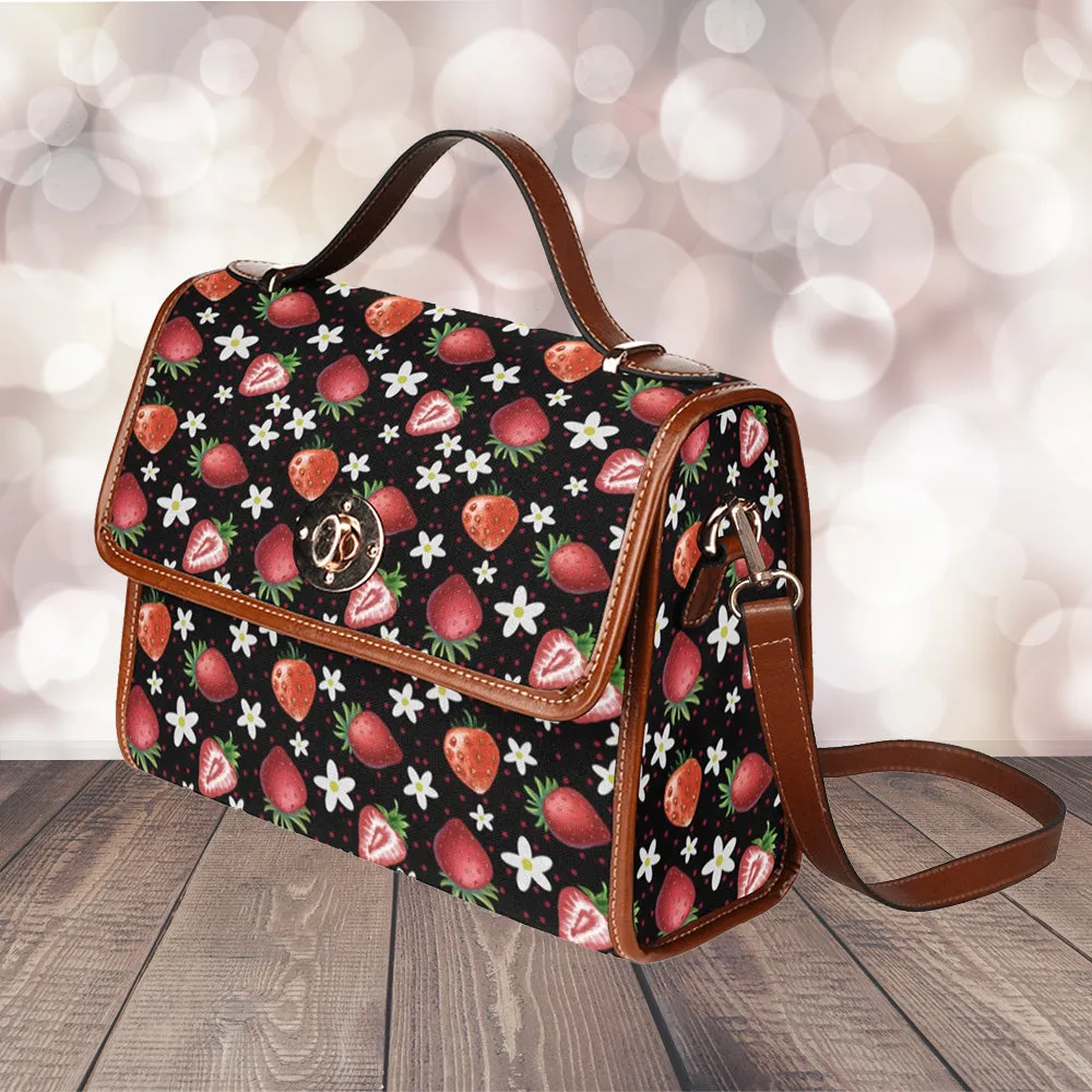 Black Strawberries Purse, Canvas Satchel Bag