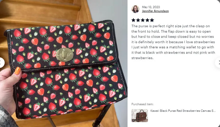 Black Strawberries Purse, Canvas Satchel Bag