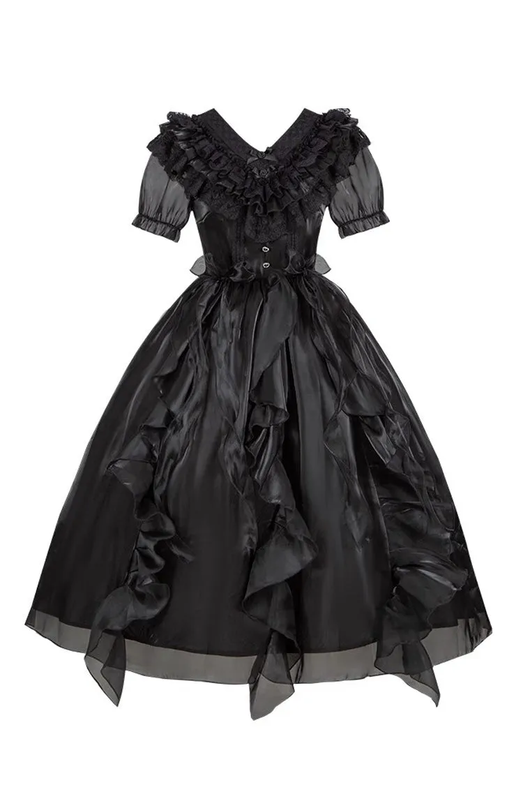 Black V-Neck Lace Cla Daily Short Puff Sleeves Gothic Lolita Dress