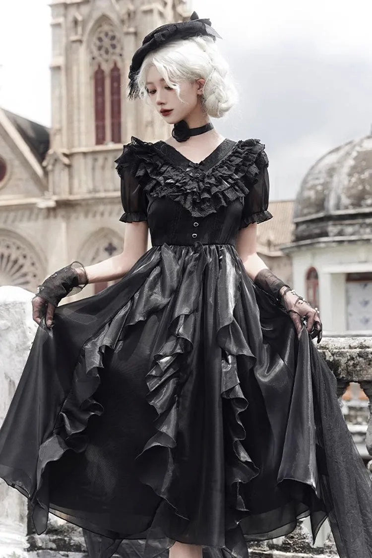 Black V-Neck Lace Cla Daily Short Puff Sleeves Gothic Lolita Dress