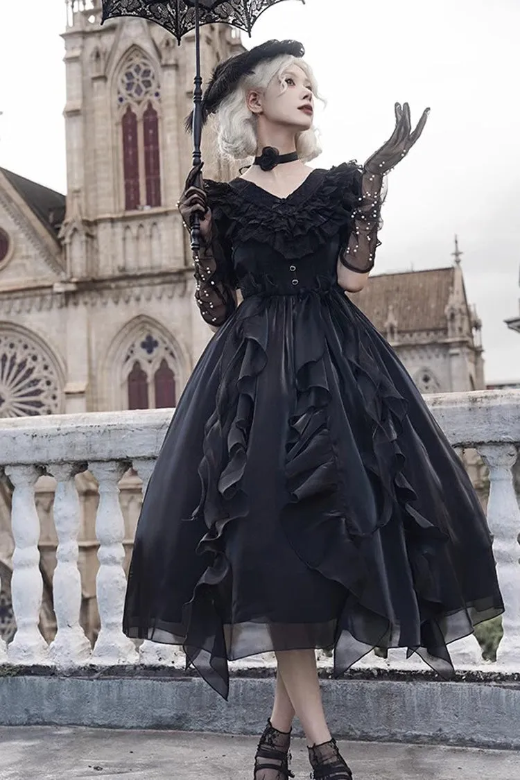 Black V-Neck Lace Cla Daily Short Puff Sleeves Gothic Lolita Dress