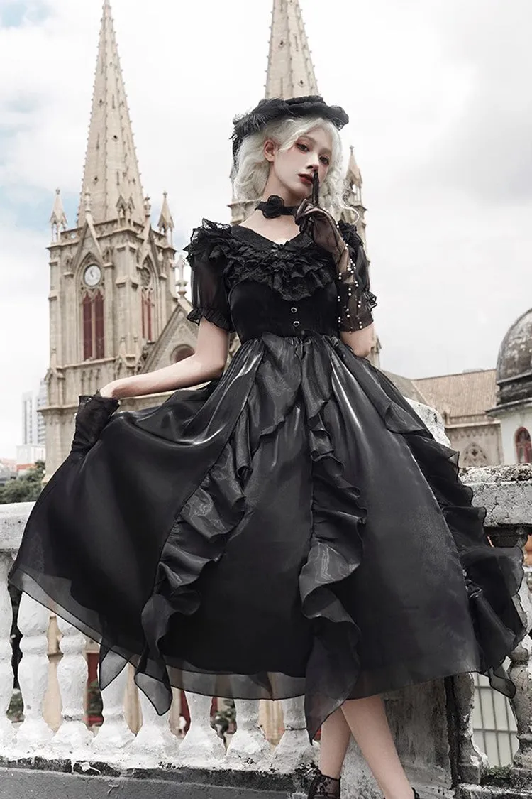 Black V-Neck Lace Cla Daily Short Puff Sleeves Gothic Lolita Dress