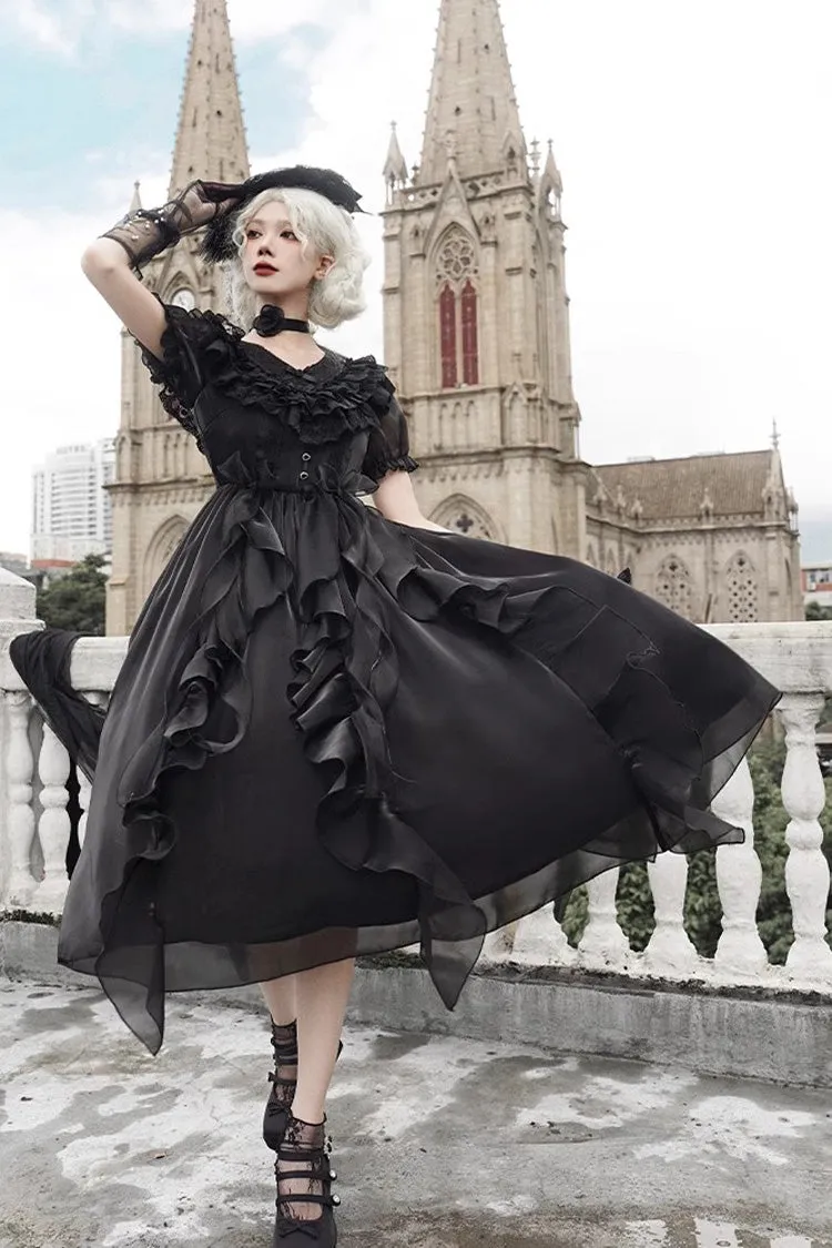 Black V-Neck Lace Cla Daily Short Puff Sleeves Gothic Lolita Dress