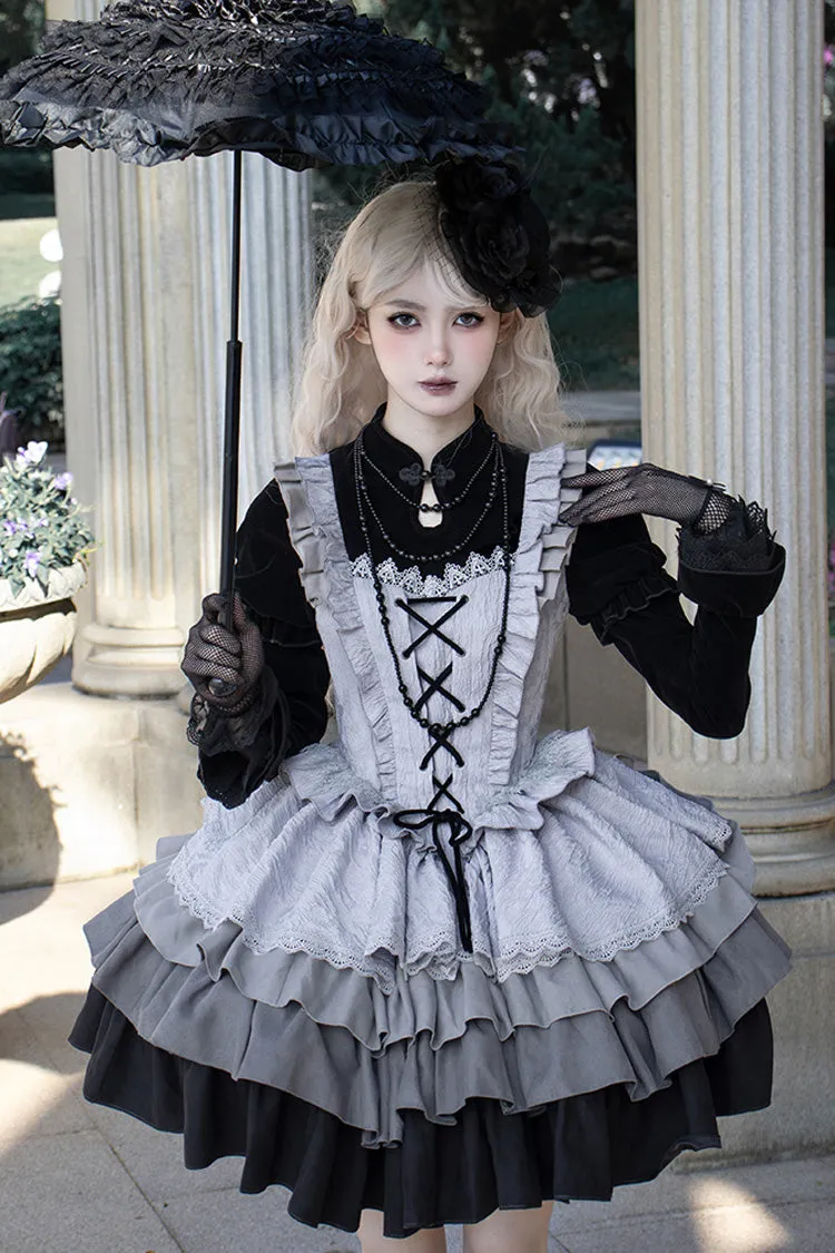Black/Grey Witch Long Sleeves Gradient Multi-Layered Ruffle Bowknot Lace Gothic Chinese Style Lolita Dress