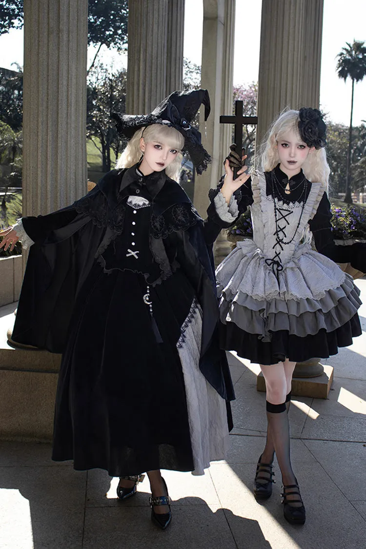 Black/Grey Witch Long Sleeves Gradient Multi-Layered Ruffle Bowknot Lace Gothic Chinese Style Lolita Dress