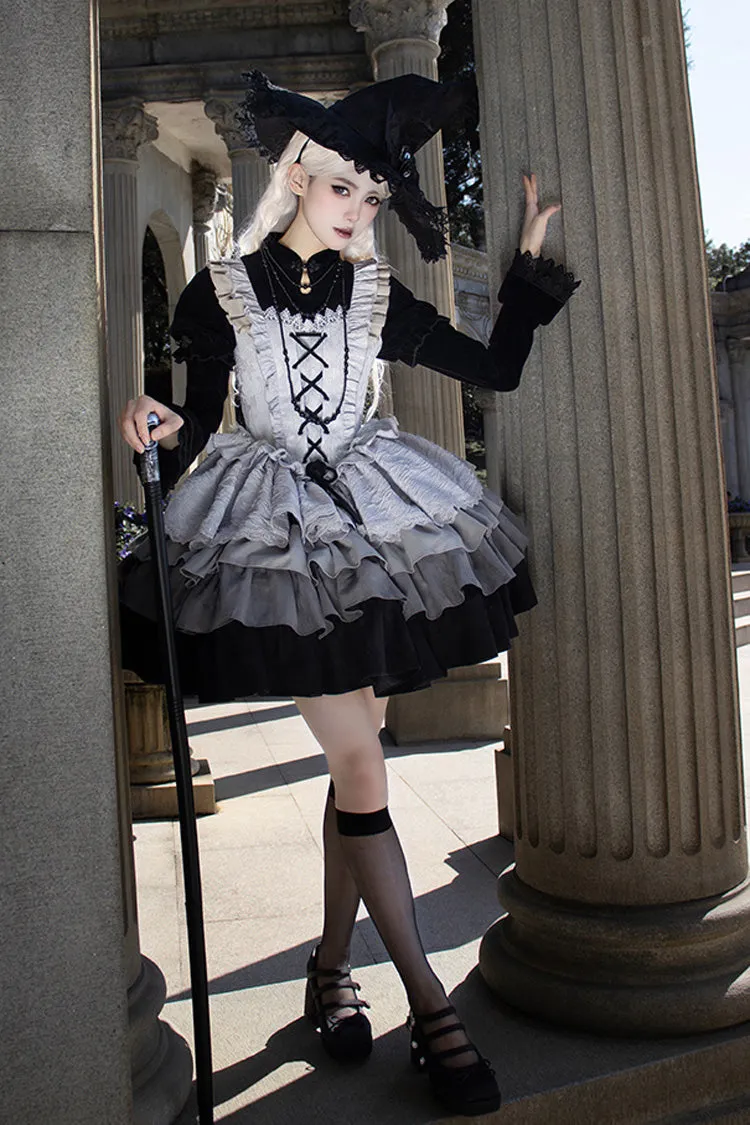 Black/Grey Witch Long Sleeves Gradient Multi-Layered Ruffle Bowknot Lace Gothic Chinese Style Lolita Dress