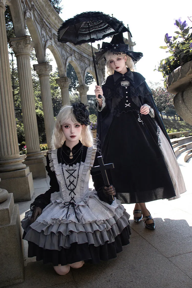 Black/Grey Witch Long Sleeves Gradient Multi-Layered Ruffle Bowknot Lace Gothic Chinese Style Lolita Dress