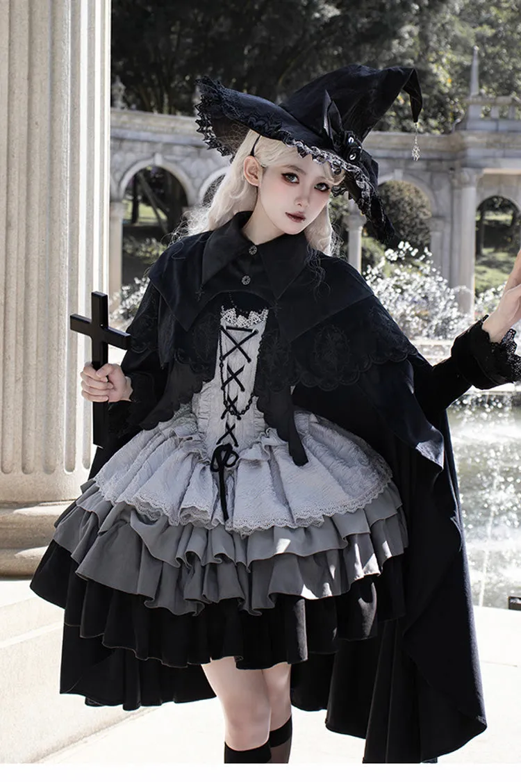Black/Grey Witch Long Sleeves Gradient Multi-Layered Ruffle Bowknot Lace Gothic Chinese Style Lolita Dress