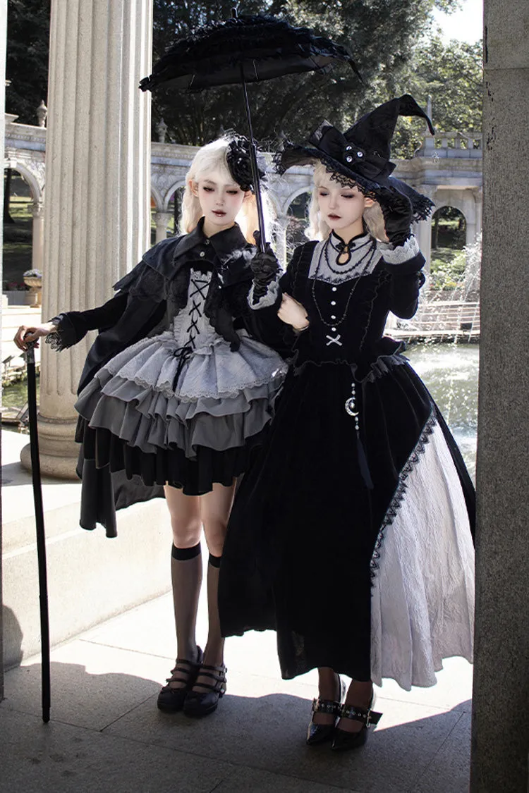 Black/Grey Witch Long Sleeves Gradient Multi-Layered Ruffle Bowknot Lace Gothic Chinese Style Lolita Dress